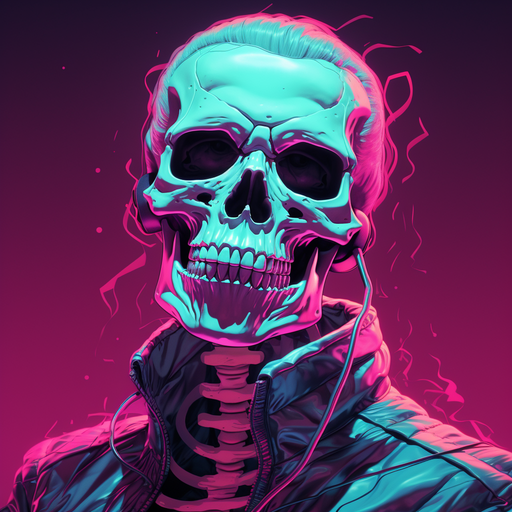 Synthwave skeleton with neon lights and retro vibes.