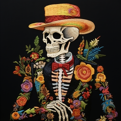 Skeleton with intricate needlepoint patterns.