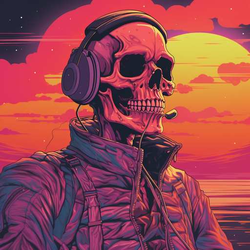 Synthwave skeleton in purple and blue hues, emitting a neon glow.