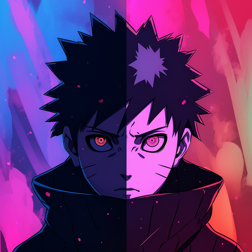 Obito Uchiha, a character from Naruto series, with a vividly colorful aesthetic.
