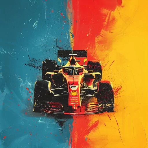 Formula 1 racing car avatar with vibrant red, yellow, and blue background for a dynamic profile photo.