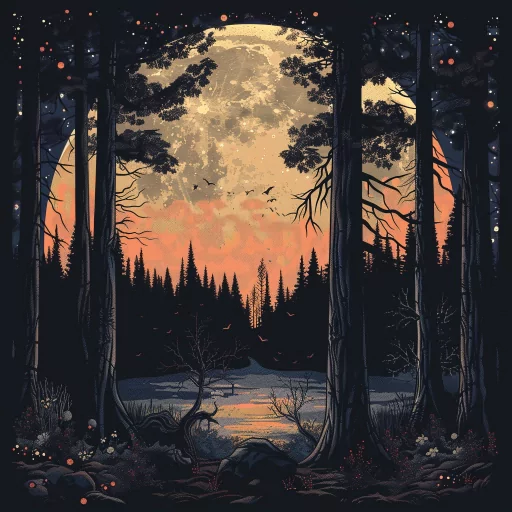 Stylized moonlit night landscape avatar featuring a full moon rising above a serene forest with silhouetted trees and subtle twilight hues.