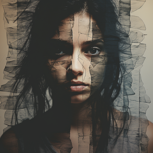 Subdued portrait of a girl with black lines on her face, in a grainy picture with muted colors.