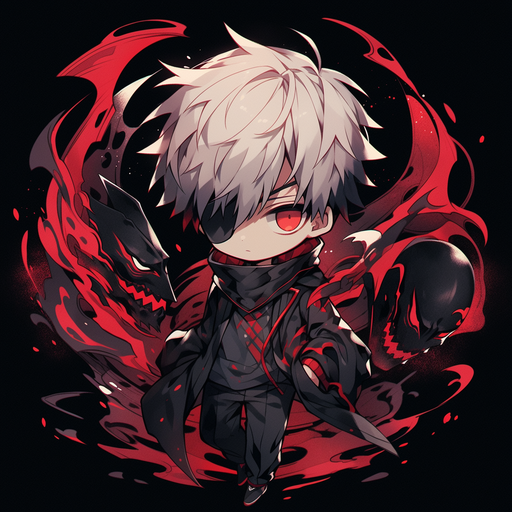 Chibi Kaneki from Tokyo Ghoul in a vibrant, anime-style artwork.