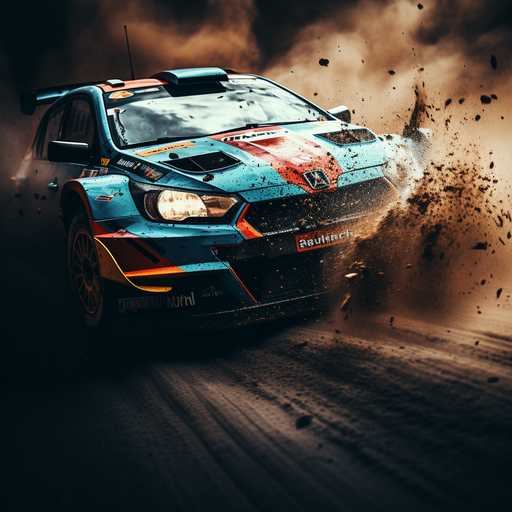 Rally car speeding in a closeup minimalist image.