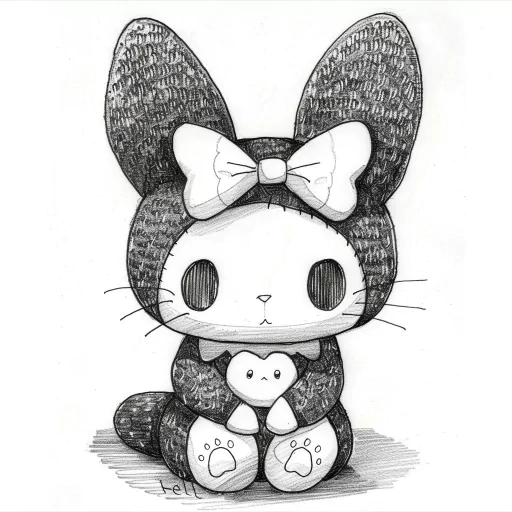 Black and white sketch of Kuromi character for use as an avatar or profile picture, featuring the distinctive large ears and bow.