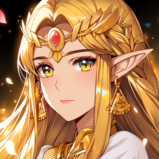 Golden-haired Princess Zelda with a regal expression, radiating elegance.