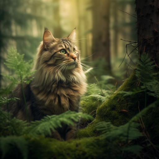 Stylish cat posing in a forest backdrop for a photoshoot.