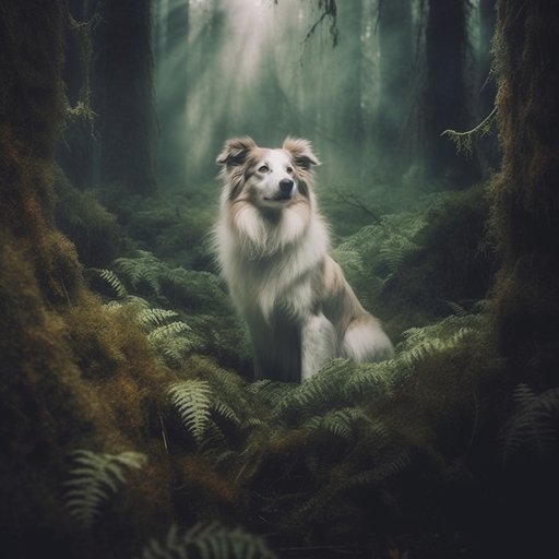 Dog in a forest during a photoshoot