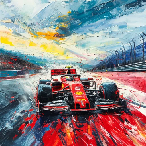 Abstract Formula 1 racing car painting profile picture with vibrant colors depicting speed and motion on the racetrack.