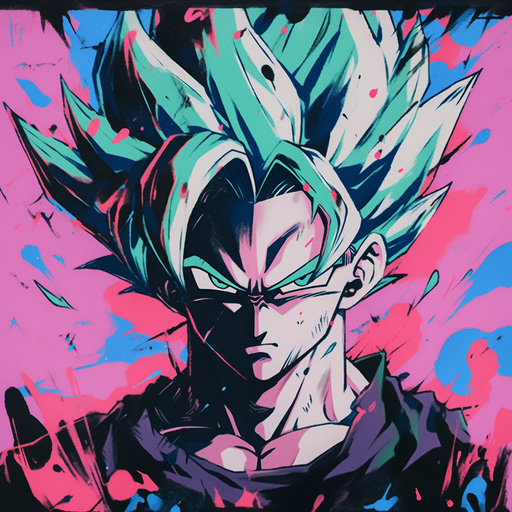 Goku in vibrant Dragon Ball Z style, created with relief printing technique.