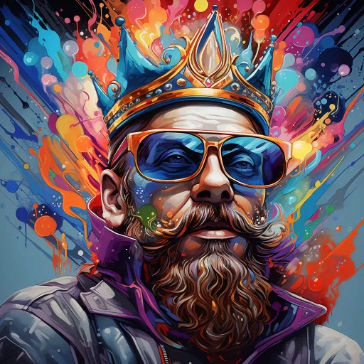 Stylish artistic avatar featuring a king with a crown, sunglasses, and a colorful ink splash background for a vibrant profile photo.