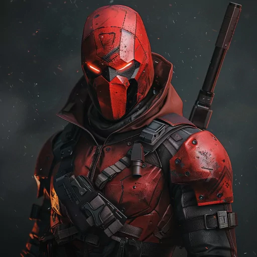 Intense red hood avatar with a tactical armored suit and glowing eyes for an action-packed profile photo.