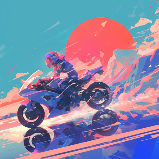 Stylized avatar of a person riding a motorcycle with vibrant pink and blue colors and an orange sun in the background.