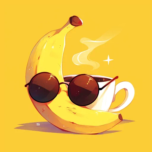 Stylized banana profile picture with sunglasses and a cup of coffee on a yellow background.