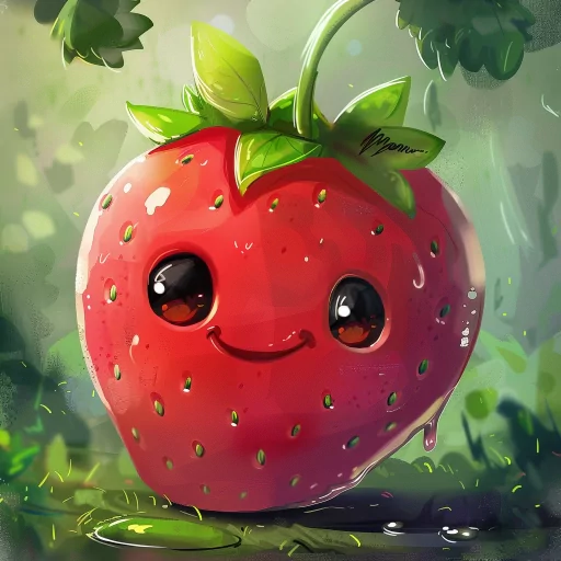 Happy smiling strawberry avatar with lush green leaves against a blurred nature background.