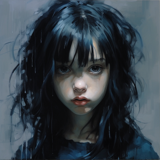 Emo girl with colorful hair and expressive eyes, in a vibrant, abstract style.