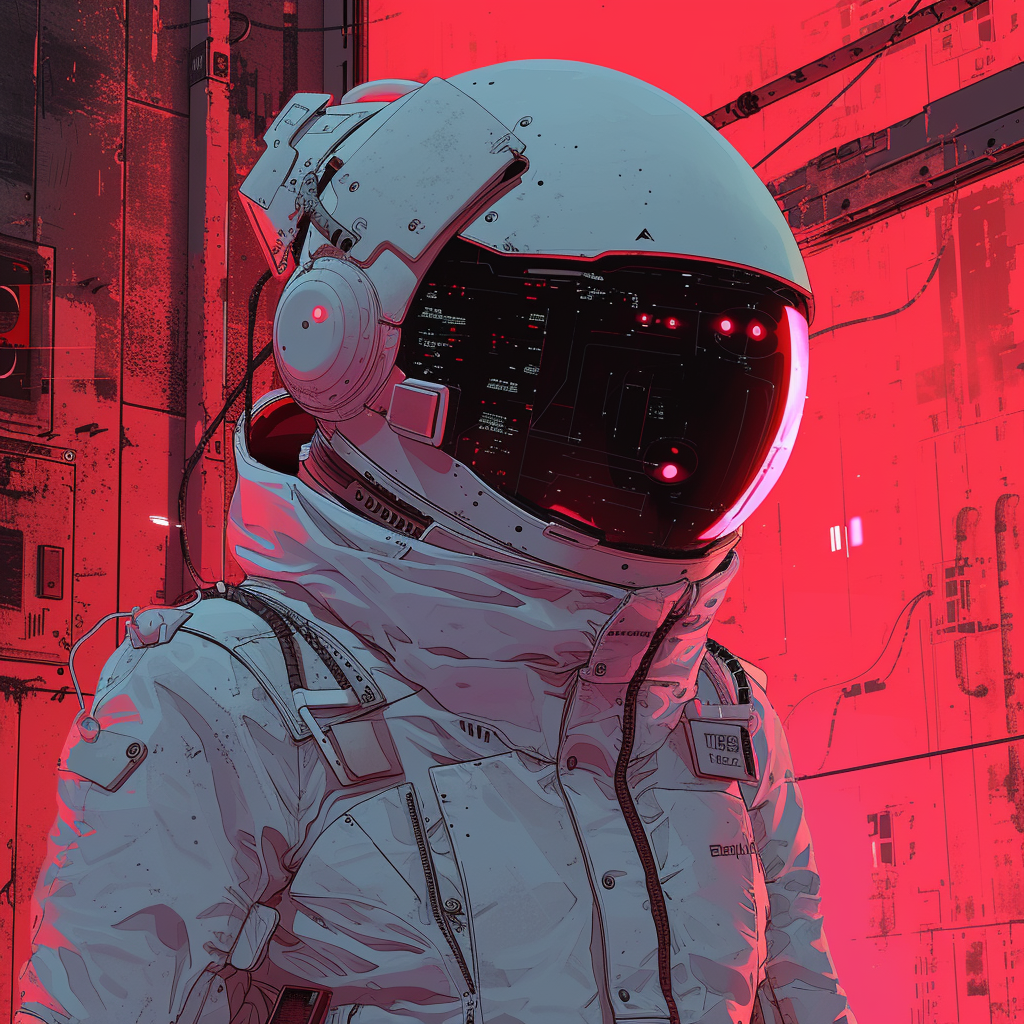 Stylized astronaut profile picture with a reflective helmet visor on a red digital backdrop.