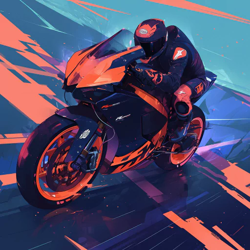 A digitally illustrated avatar of a person riding a sleek, futuristic motorcycle. The color scheme features bold red, blue, and black tones, conveying a sense of speed and action.