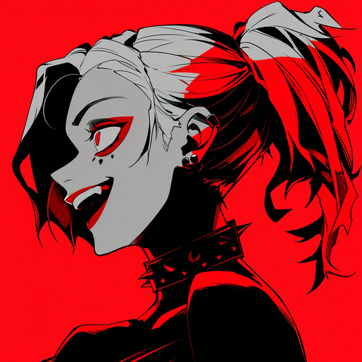 Harley Quinn-inspired profile picture in red monochrome with contrasting colors.