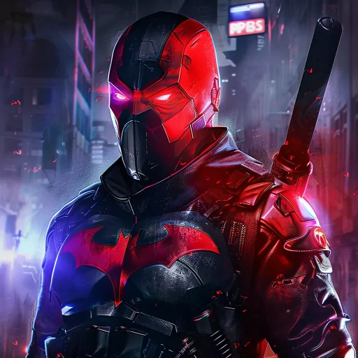 Red hooded character avatar with glowing eyes for profile picture on futuristic urban background.