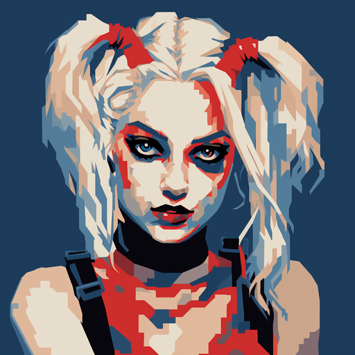 Pixel art portrait of Harley Quinn.