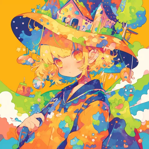 Colorful anime girl avatar with a whimsical hat featuring house designs, set against a vibrant yellow background, perfect for a profile photo.