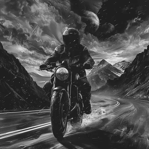Avatar of a motorcyclist riding on a winding road through mountainous terrain under a dramatic, cloud-filled sky with a moon in the background. The scene is grayscale with a dynamic, intense atmosphere.