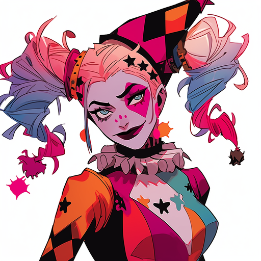 Harley Quinn in a colorful jester costume, inspired by 90s cartoons.