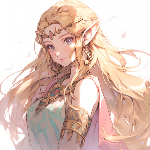 Princess Zelda with tetradic colors, wearing a beautiful crown and dress.