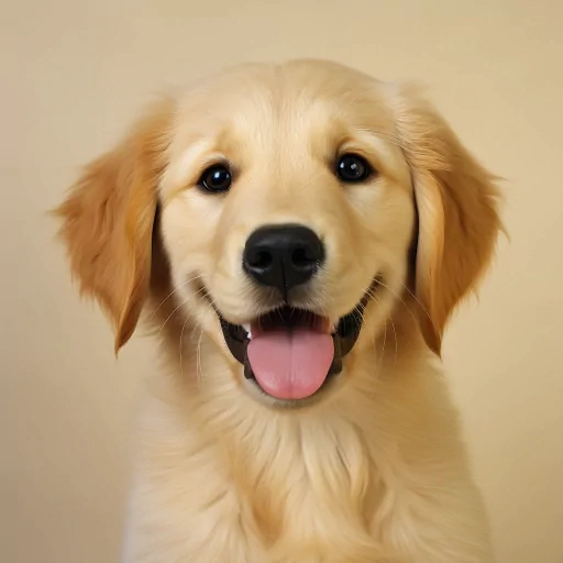Smiling golden retriever puppy profile picture against a beige background.