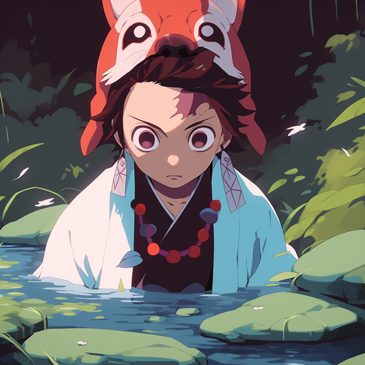 Colorful character artwork of a demon slayer with a captivating expression and Ghibli-style aesthetic.