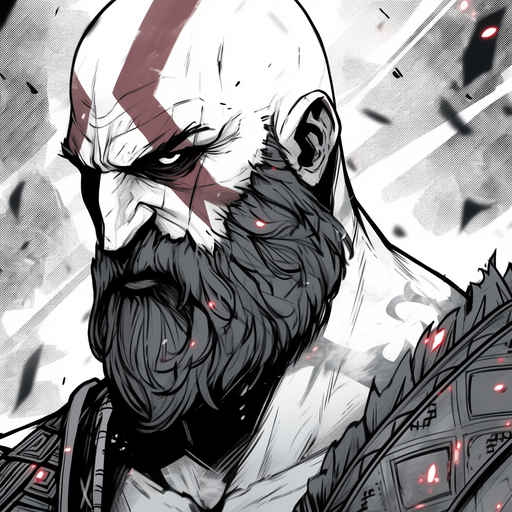 Monochrome profile picture of Kratos, the God of War, with a black and white color scheme.