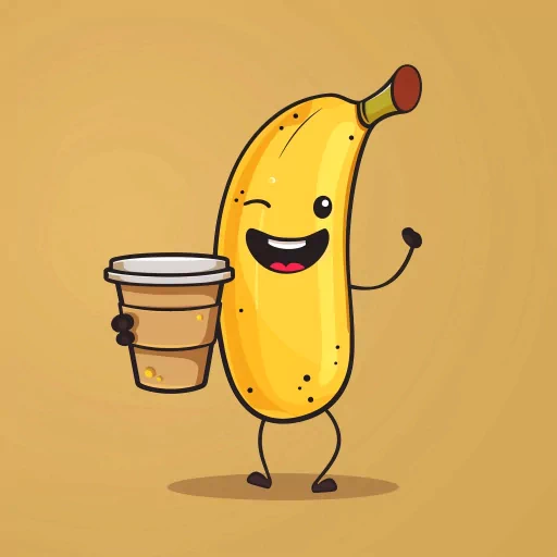 Cartoon banana character holding a coffee cup avatar for a fun and unique profile photo.