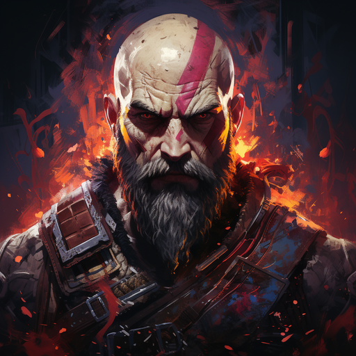 Kratos, a cyberpunk-inspired action portrait with a striking aesthetic.