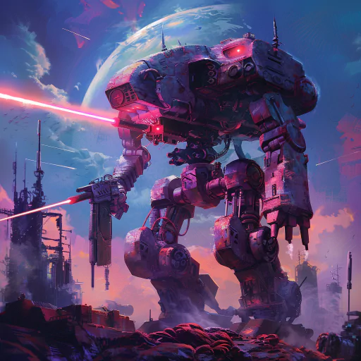 A large mech stands against a sci-fi backdrop with lasers and a planet visible in the sky.