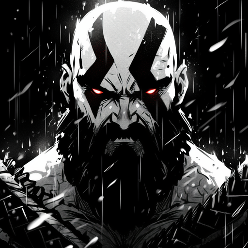 Kratos, the God of War, portrayed in a black and white monochrome style.