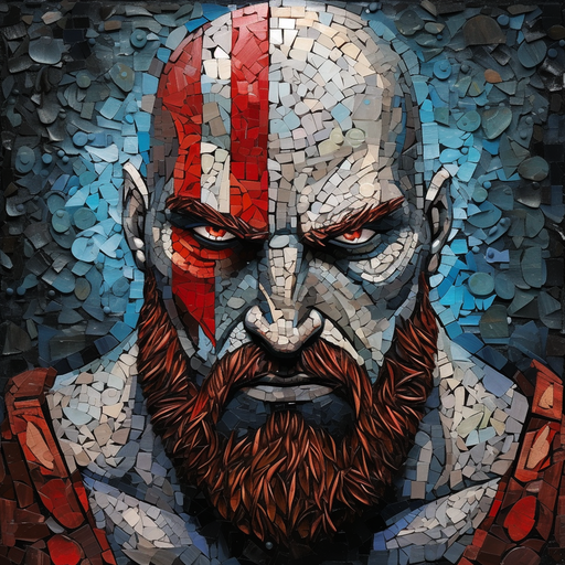 Kratos, mosaic-style portrait.