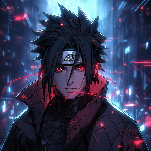 Cyberpunk-style portrait of Sasuke with striking red eyes.