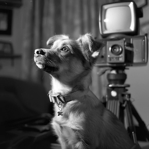 Black and white photo of an attentive puppy wearing a collar, with a vintage camera in the background, suitable for a profile picture.