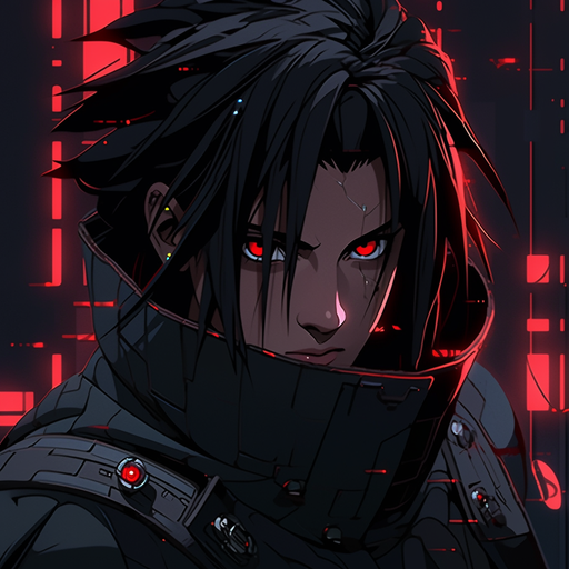 Sasuke in cyberpunk style with red eyes.