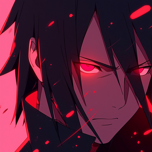 Sasuke Uchiha with triadic colors and intense red eyes in a profile picture (PFP).
