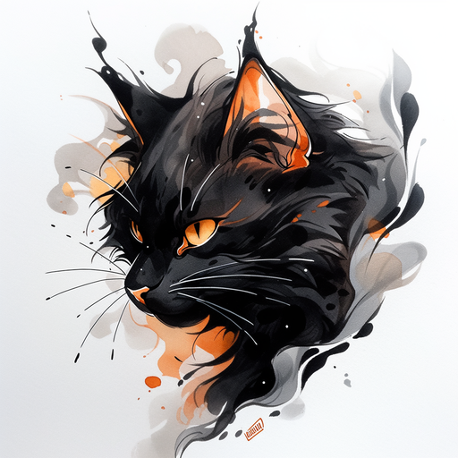 Watercolor-style black cat portrait with bold ink outlines.