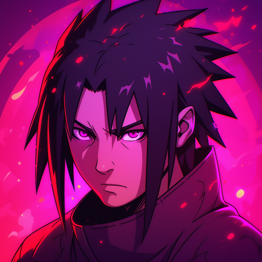 Sasuke Uchiha, with Sharingan, in a displeased portrait.