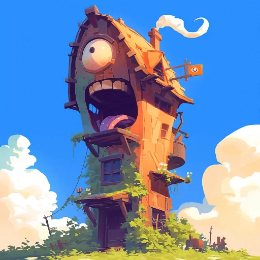 Colorful and whimsical house avatar with quirky architecture and cartoon-like details set against a blue sky.