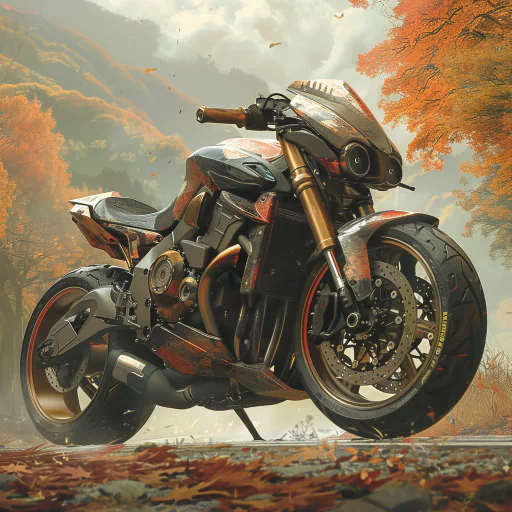 A modern motorcycle is parked on a road surrounded by colorful autumn leaves and trees, with mountains visible in the background.