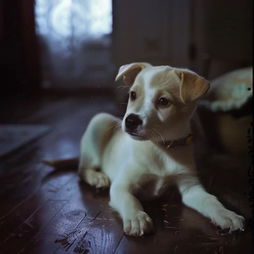 Cute puppy with a yellow collar lying on a wooden floor for an avatar image.