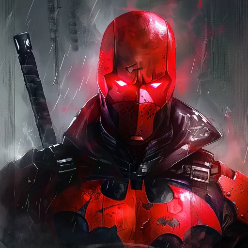 Illustration of a mysterious figure in a red hood with glowing red eyes, suitable for a dynamic avatar or profile photo.