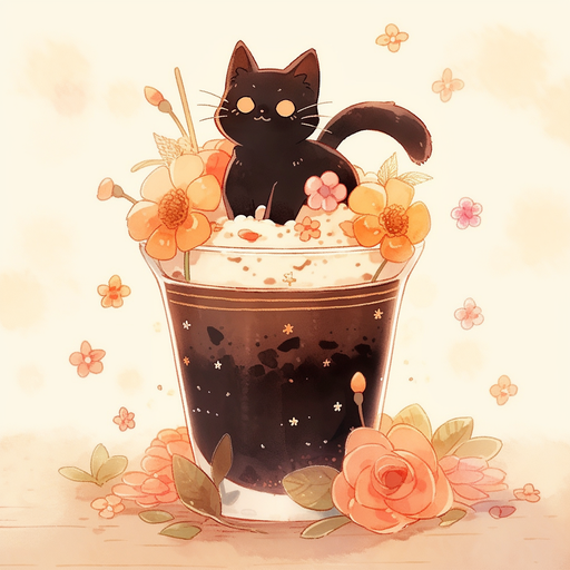 A stylized representation of a black cat with coffee-inspired patterns.