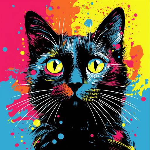 Colorful silhouette of a black cat with bold geometric patterns in a pop art style.